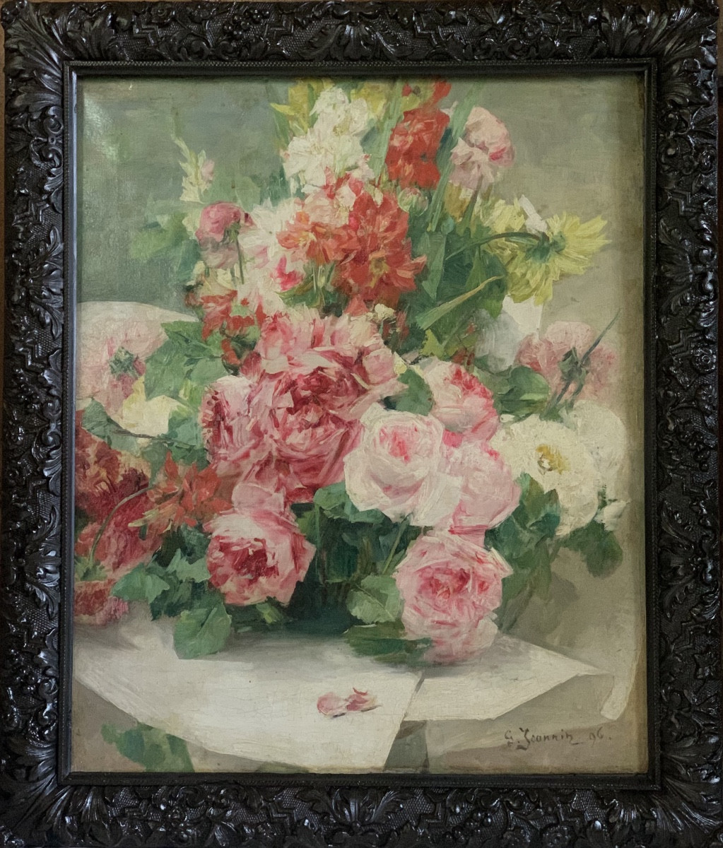 "basket Of Flowers", Georges Jeannin, 96, Oil On Canvas 