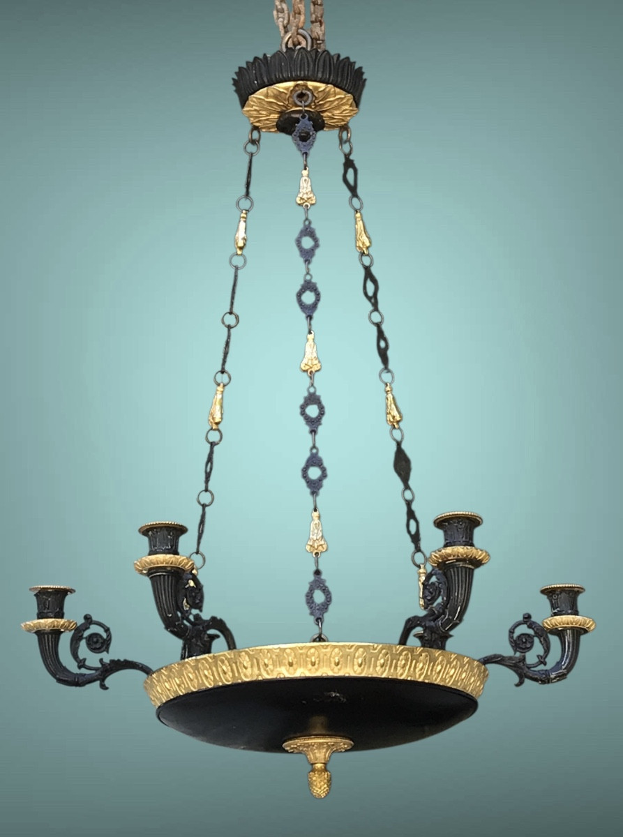 Lustre Empire Bronze doré et patiné, époque Restauration 