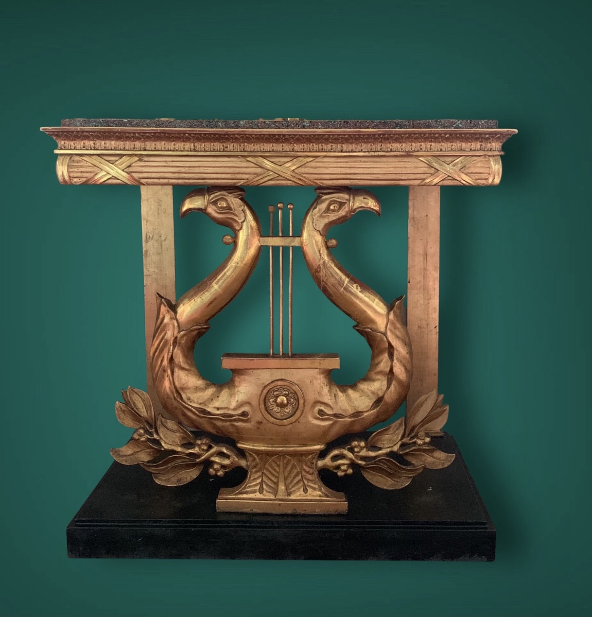 Lyre Console In Gilded Wood With Imitation Porphyry Top, Sweden Circa 1830-photo-2
