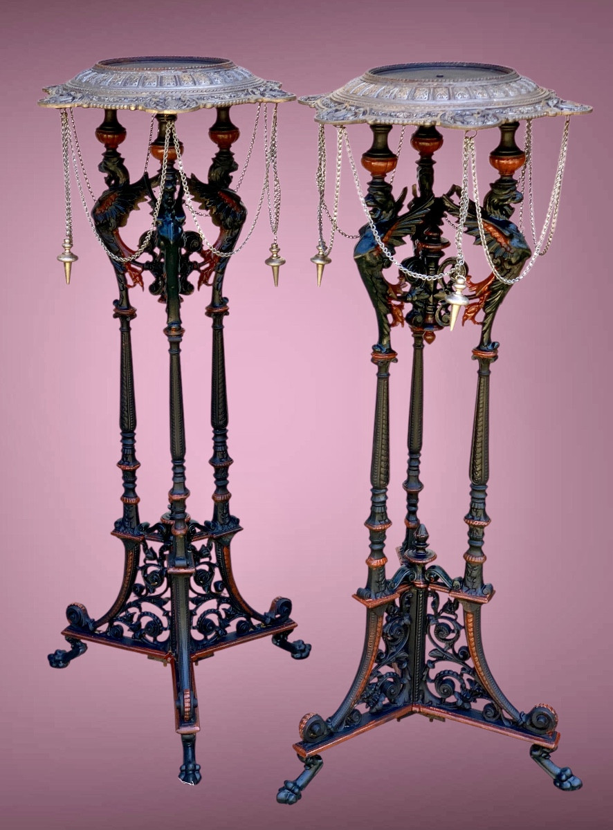 Pair Of Cast Iron Stands, Neo-pompeian Decor, Napoleon III Period