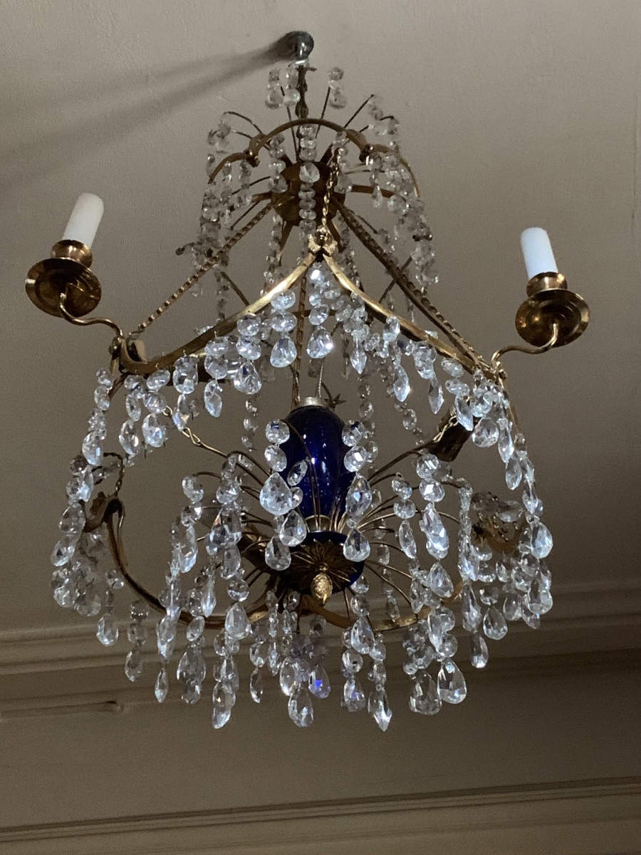 Chandelier Clear Crystal  And Blue Vase, Sweden, Late 19th Century -photo-1