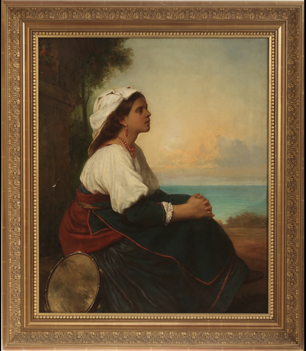 “italian Reverie” Young Girl In A Landscape, Oil On Canvas, Signed Carl Wahlbaum, 1843 -photo-2