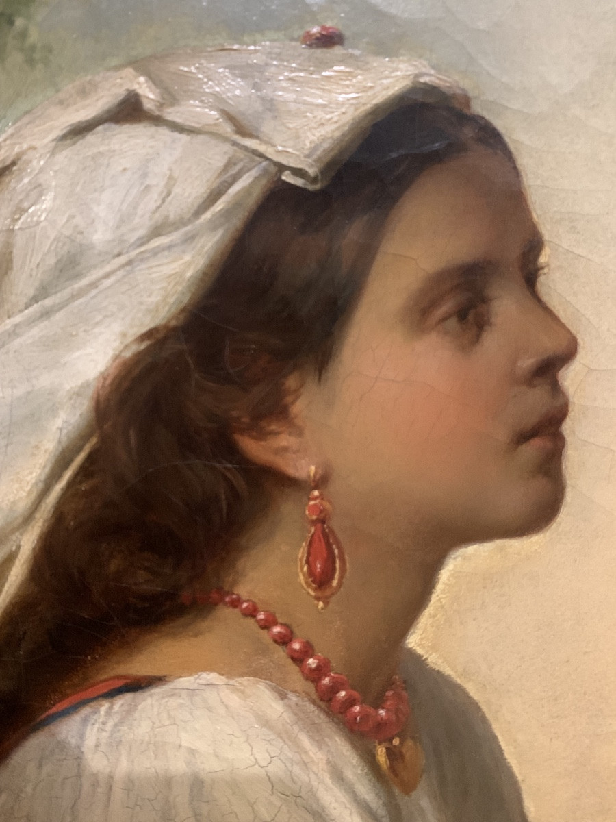 “italian Reverie” Young Girl In A Landscape, Oil On Canvas, Signed Carl Wahlbaum, 1843 -photo-3