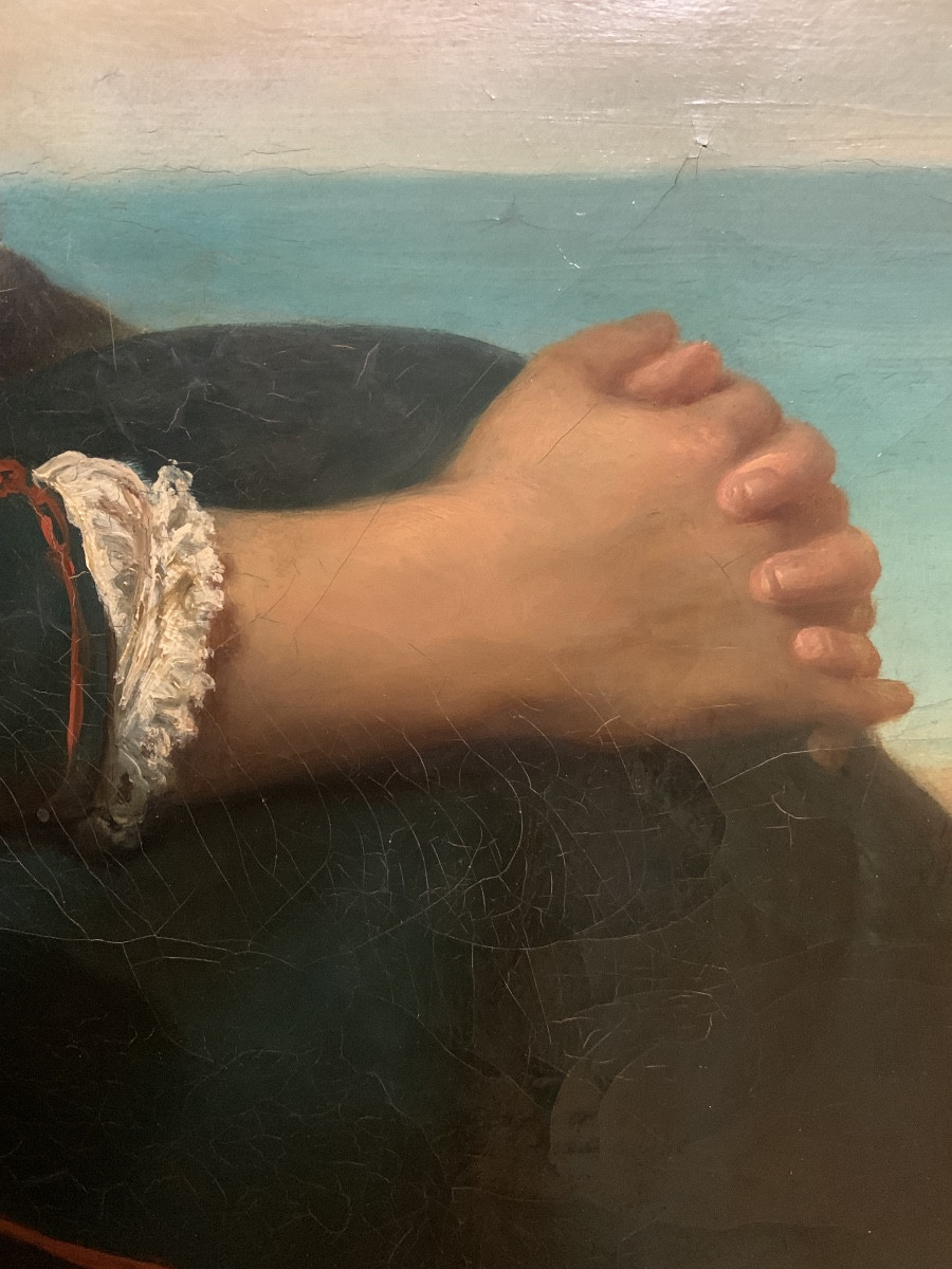 “italian Reverie” Young Girl In A Landscape, Oil On Canvas, Signed Carl Wahlbaum, 1843 -photo-4