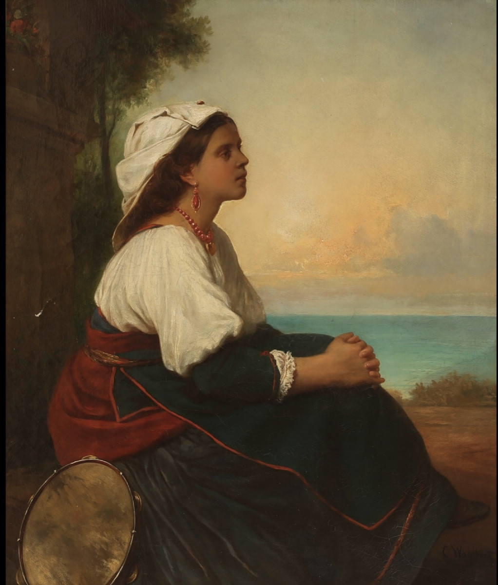 “italian Reverie” Young Girl In A Landscape, Oil On Canvas, Signed Carl Wahlbaum, 1843 