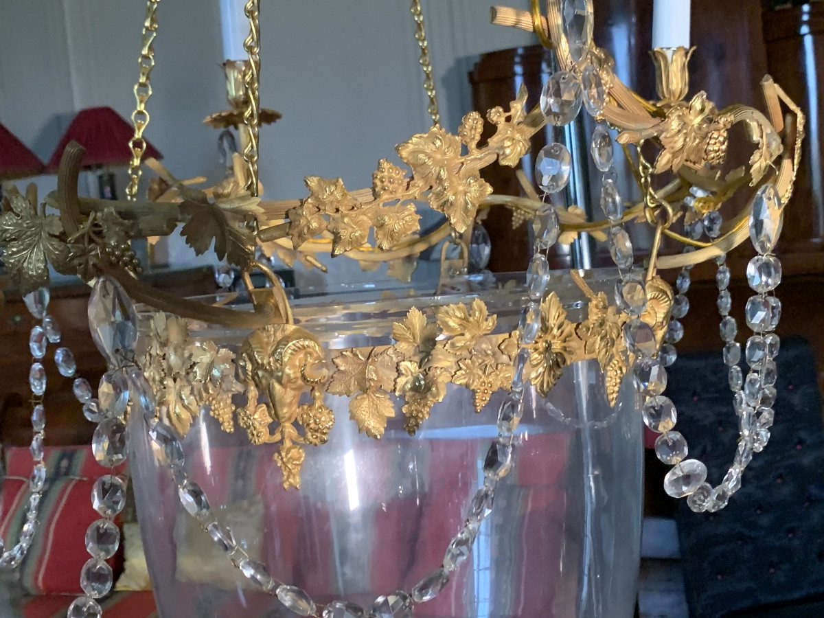 Pair Of Lanterns With Vine Leaves, Bronze And Crystal-photo-2
