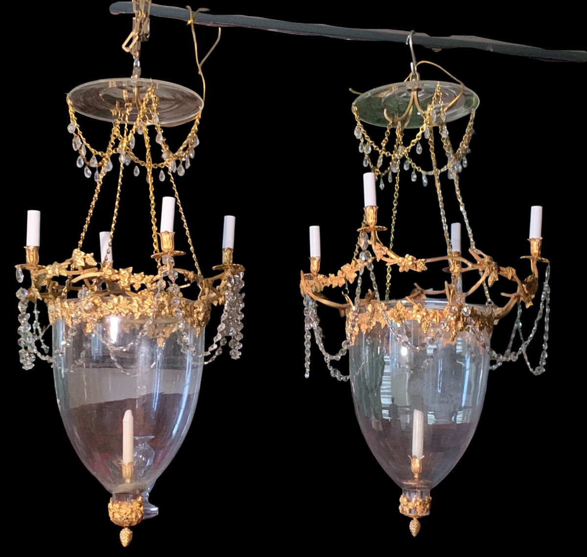 Pair Of Lanterns With Vine Leaves, Bronze And Crystal