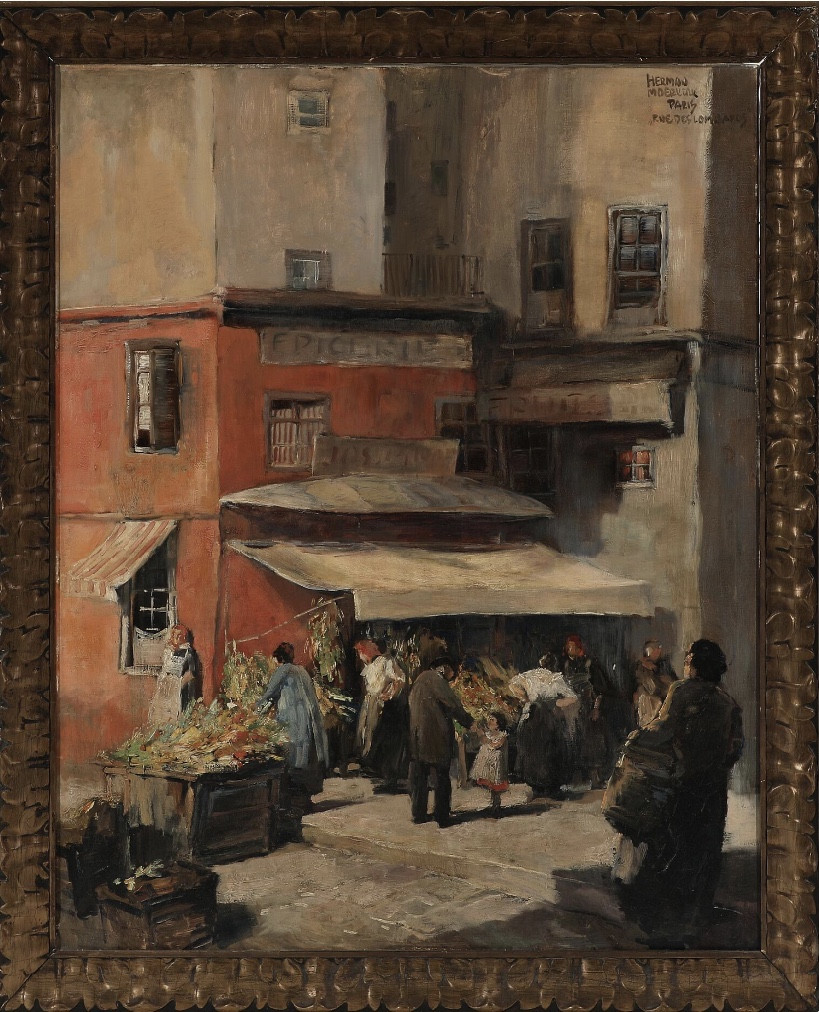« Jour de marché, rue des Lombards » Hst signée Herman Moerkerk , ec Hollandaise -photo-2