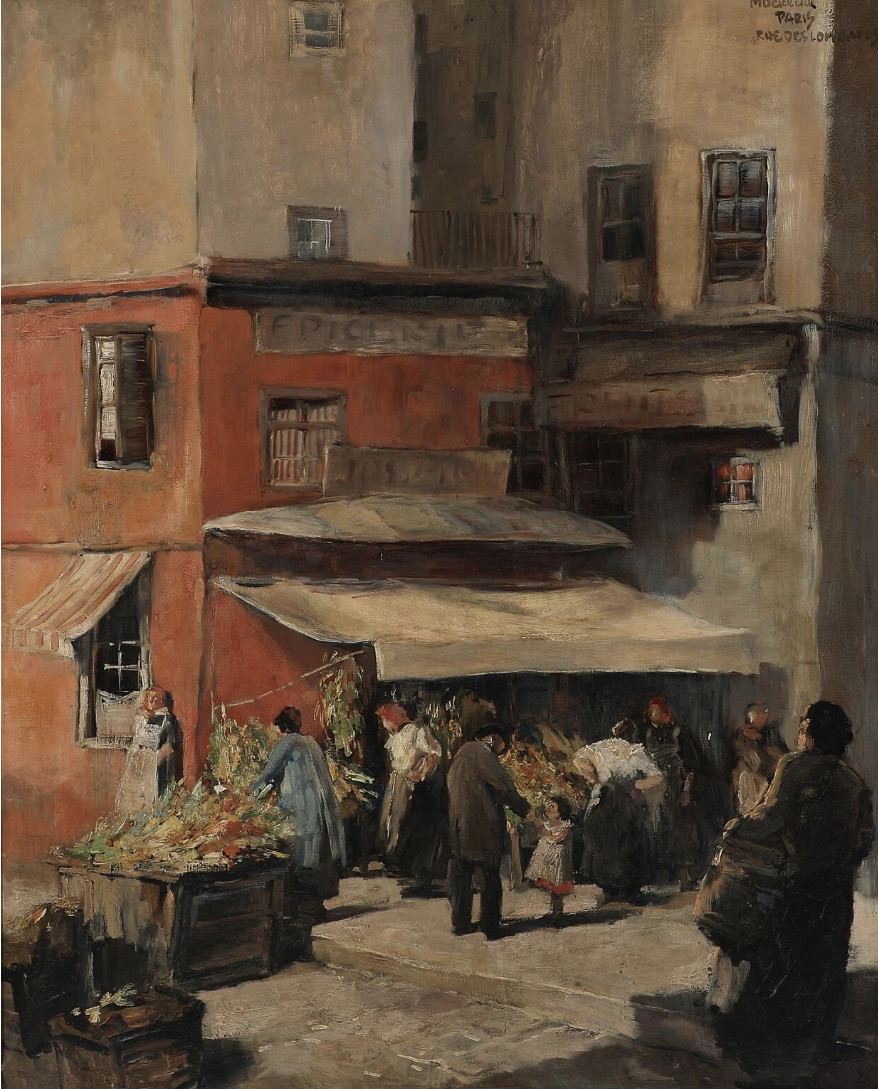 « Jour de marché, rue des Lombards » Hst signée Herman Moerkerk , ec Hollandaise -photo-3
