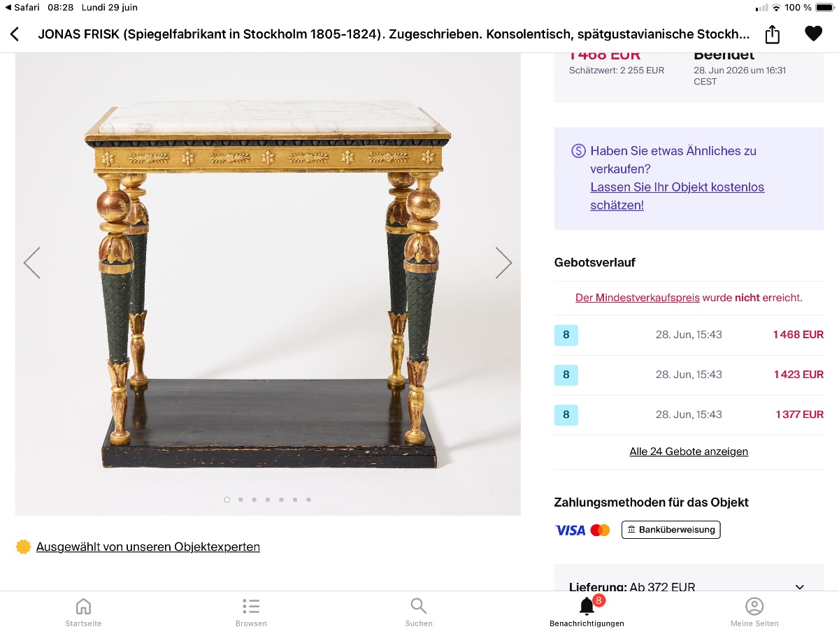 Console et miroir Suède , Attr Jonas Frisk, Stockholm 1805-1824 bois doré et marbre -photo-4
