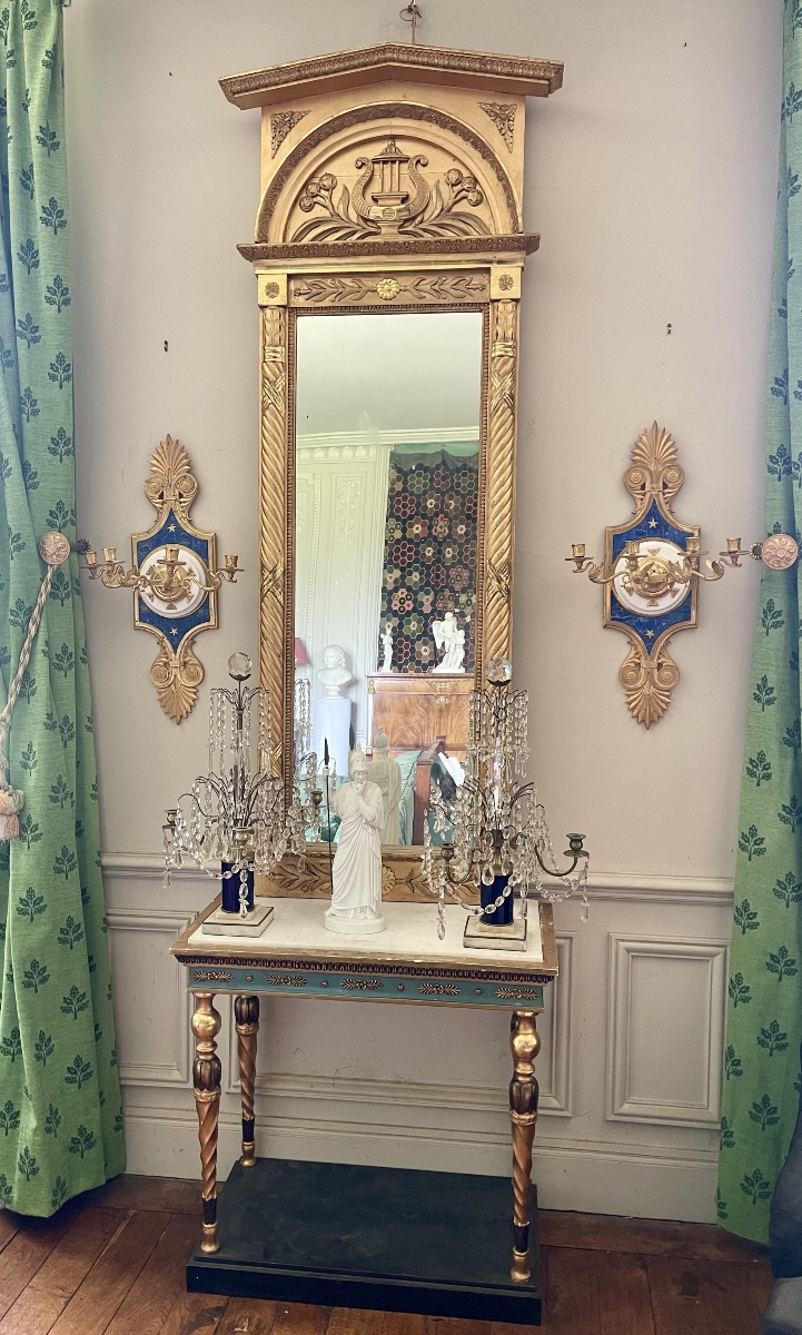 Console et miroir Suède , style Gustavien, bois doré 