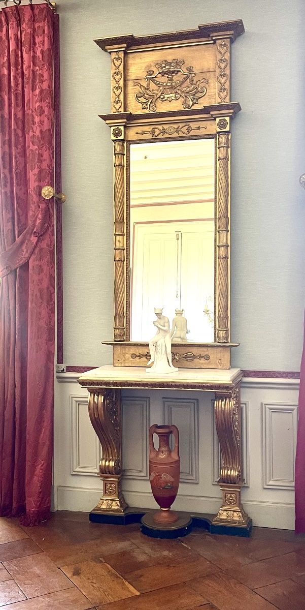 Gilt Wood Consoletable And  Mirror With  White Marble Top, Gustavian Style, Sweden, Circa 1830 