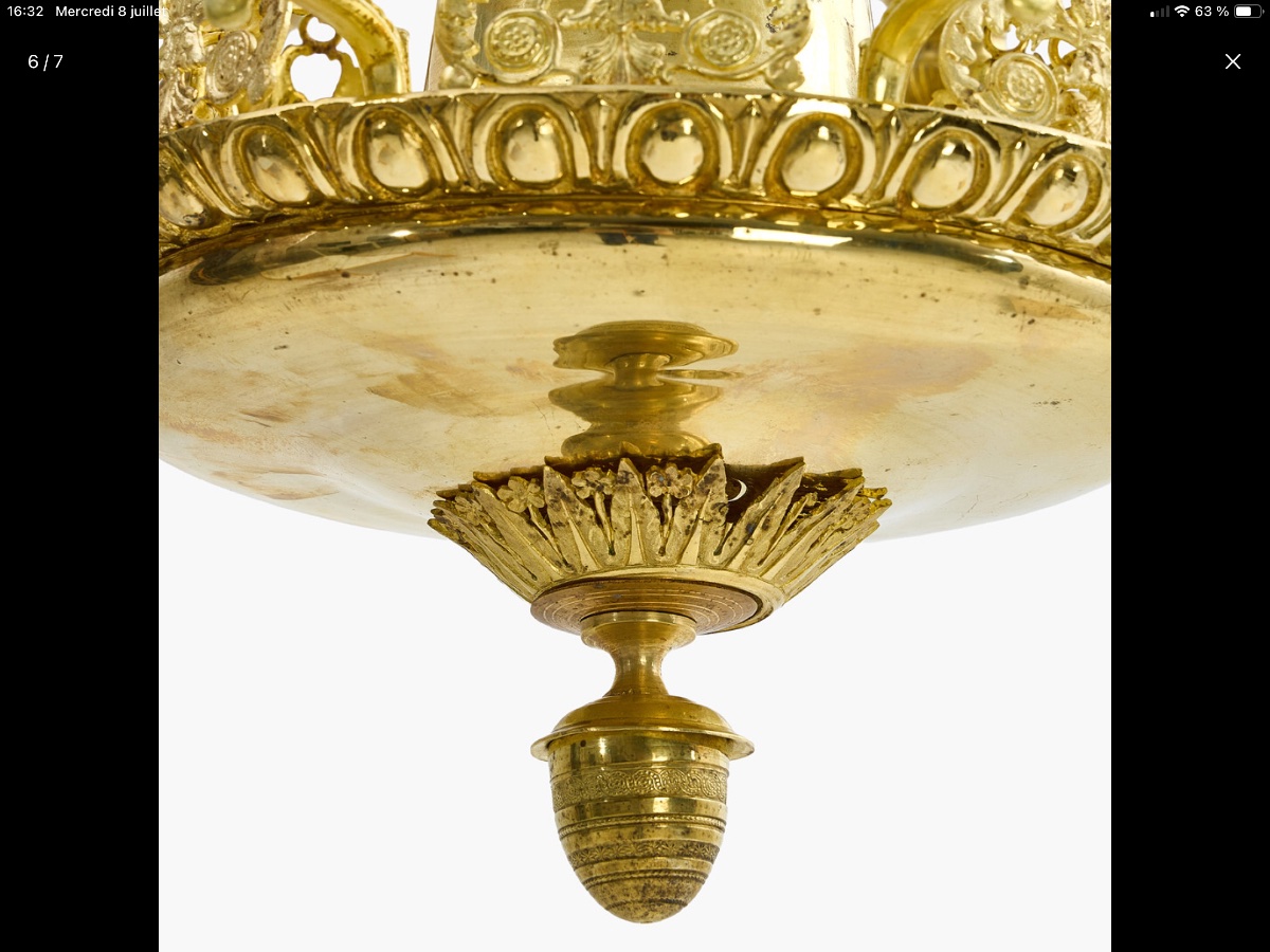 Empire-style Chandelier With Swan Motifs, Gilded Bronze, 8 Lights, Mid-19th Century. -photo-3