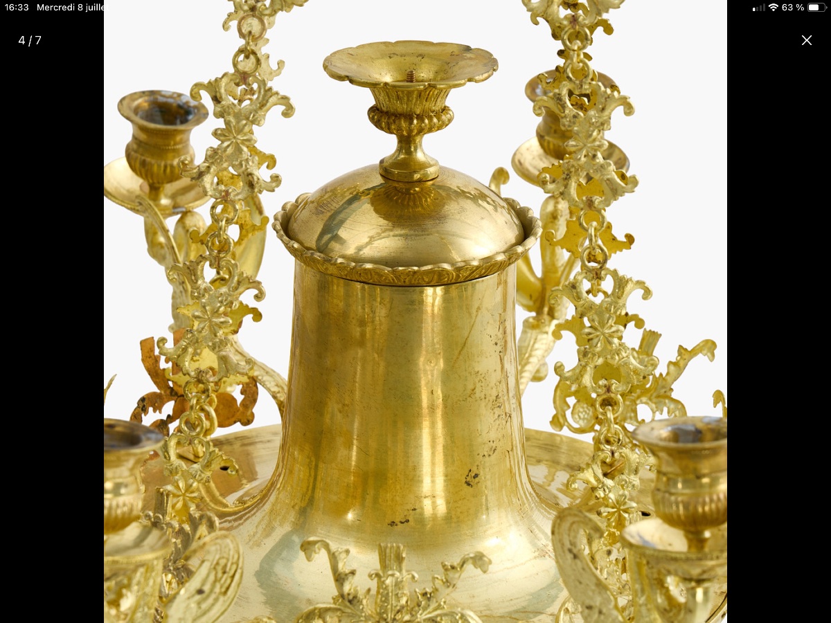 Empire-style Chandelier With Swan Motifs, Gilded Bronze, 8 Lights, Mid-19th Century. -photo-4