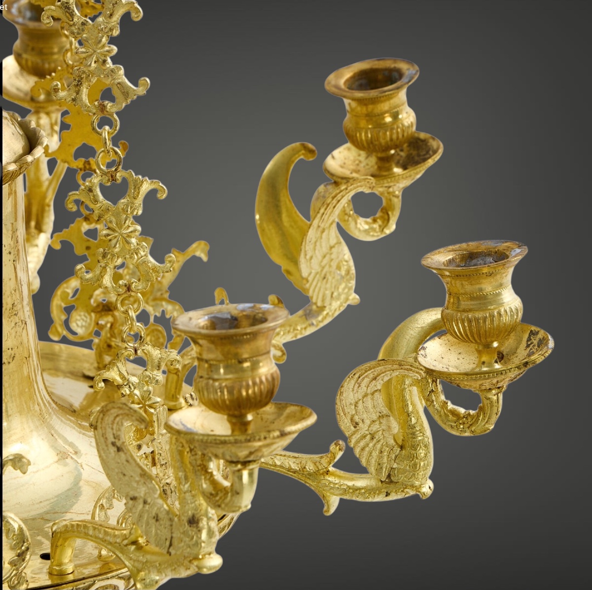 Empire-style Chandelier With Swan Motifs, Gilded Bronze, 8 Lights, Mid-19th Century. -photo-2
