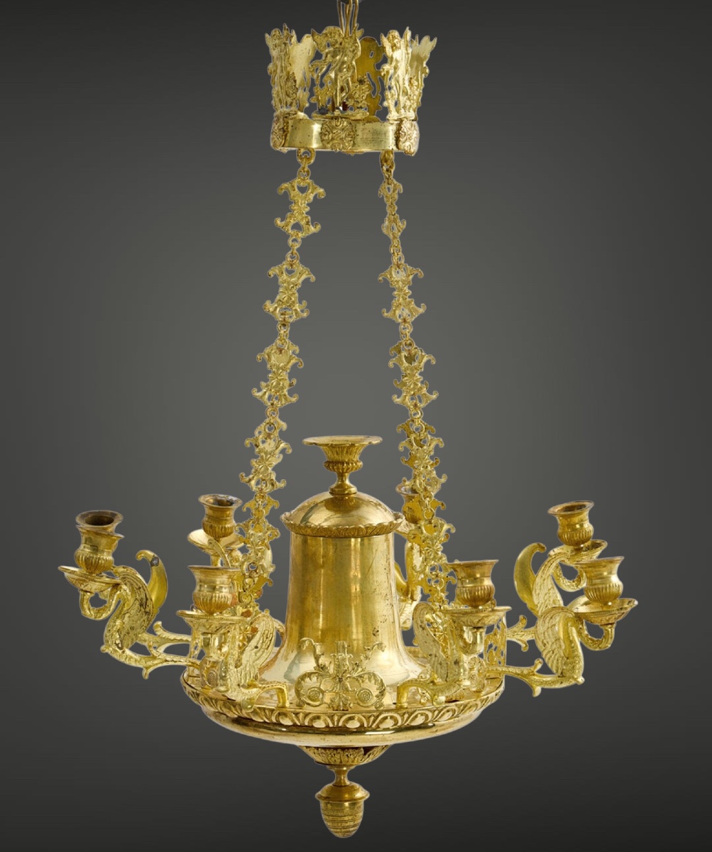 Empire-style Chandelier With Swan Motifs, Gilded Bronze, 8 Lights, Mid-19th Century. 