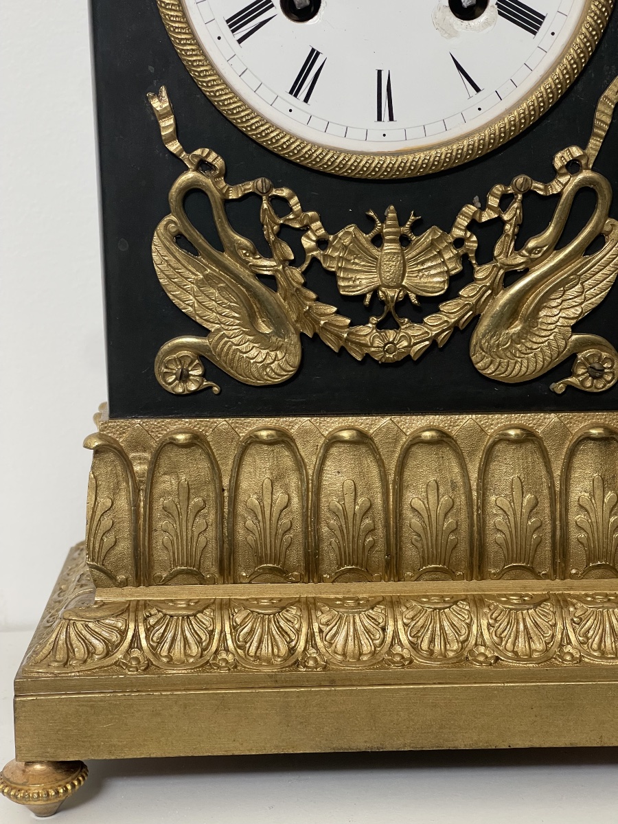 Gilded Bronze And Patina Clock, Signed Baschet-baullier, Restoration Period -photo-3