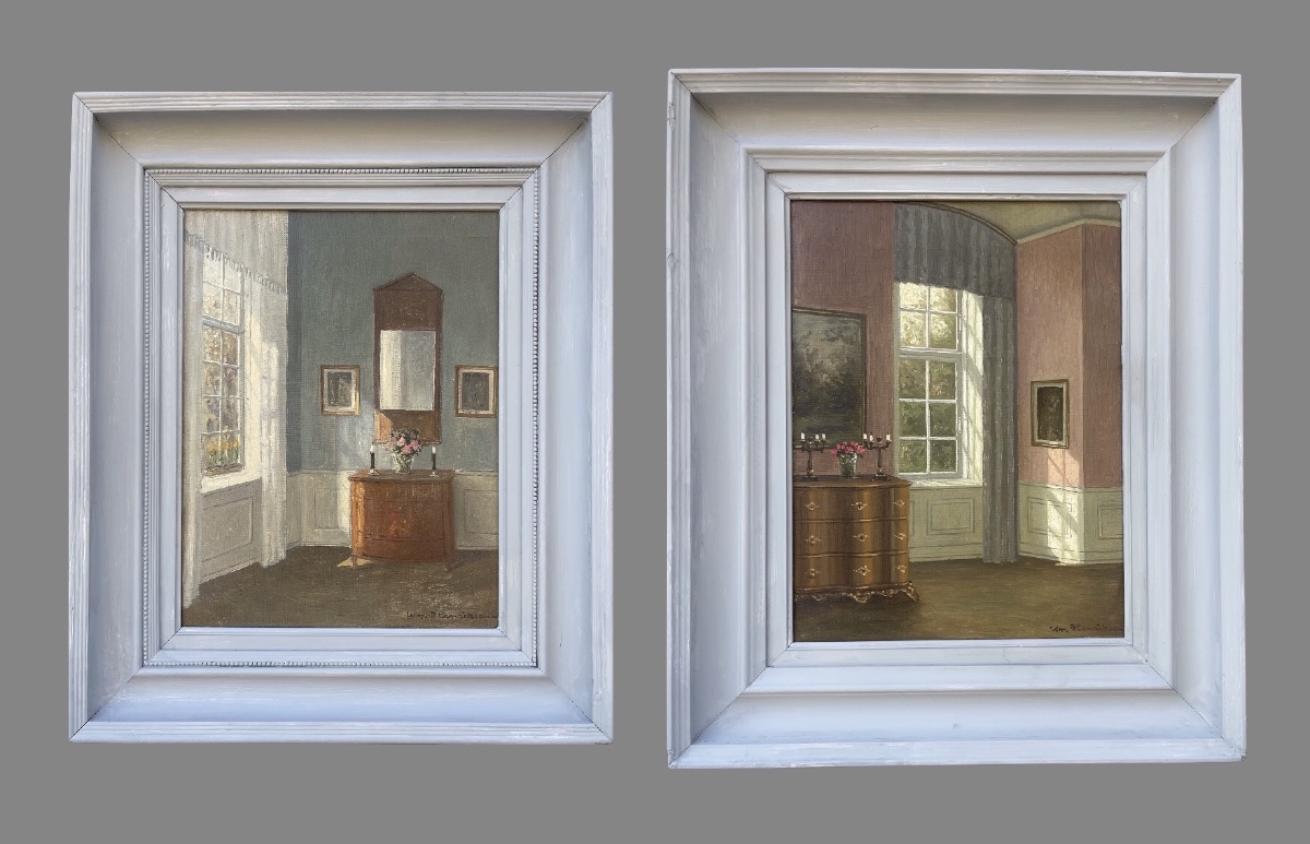 Couple de Vues d’Intérieur Danois, huile sur toile ,sign. Wm. Henriksen, circa 1915 
