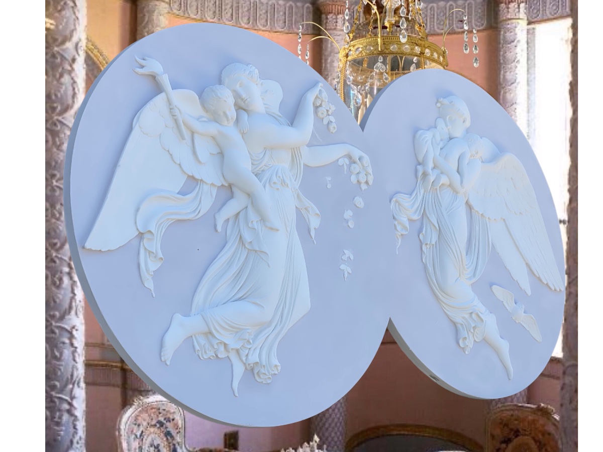 Le Jour et la Nuit, Paire de médaillons  monumentaux en plâtre, d’après B. Thorvaldsen 