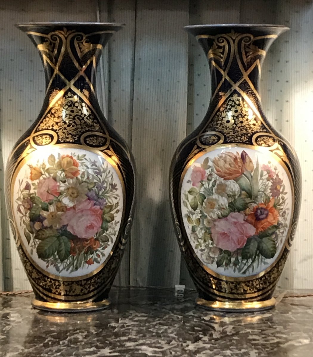 Pair Of Large Vases Porcelain Of Bayeux Decor Flowers