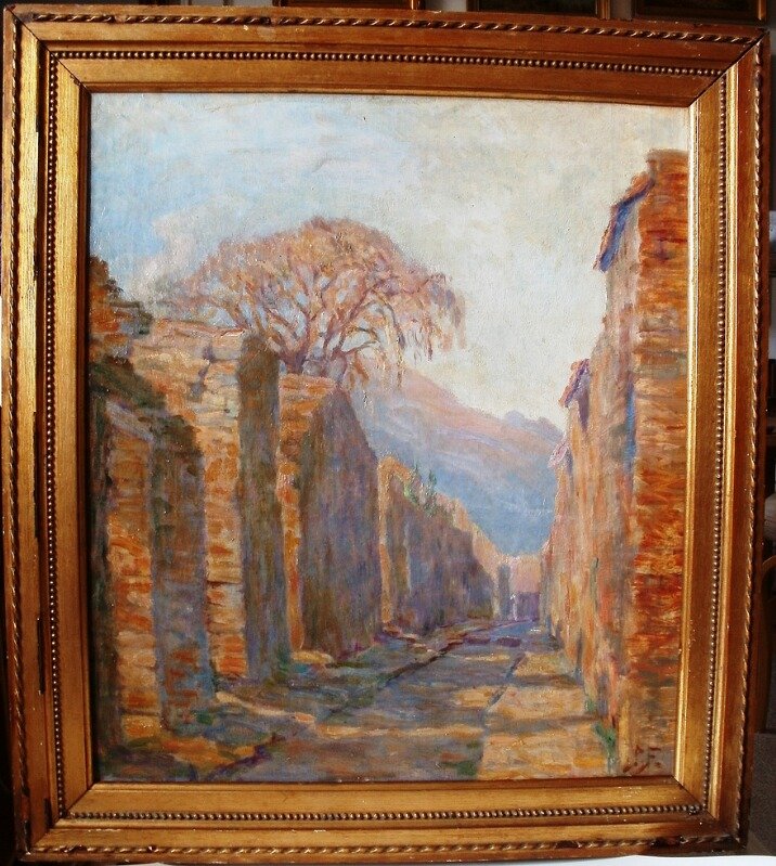 View From Pompeii: A Street With Vesuvius In The Background Oil On Canvas Signed By Petra Foss 1924-photo-4