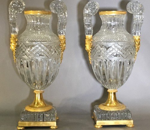 Pair Of Large Russian Empire Style Vases, Cut Crystal And Gilt Bronze H58cm-photo-4