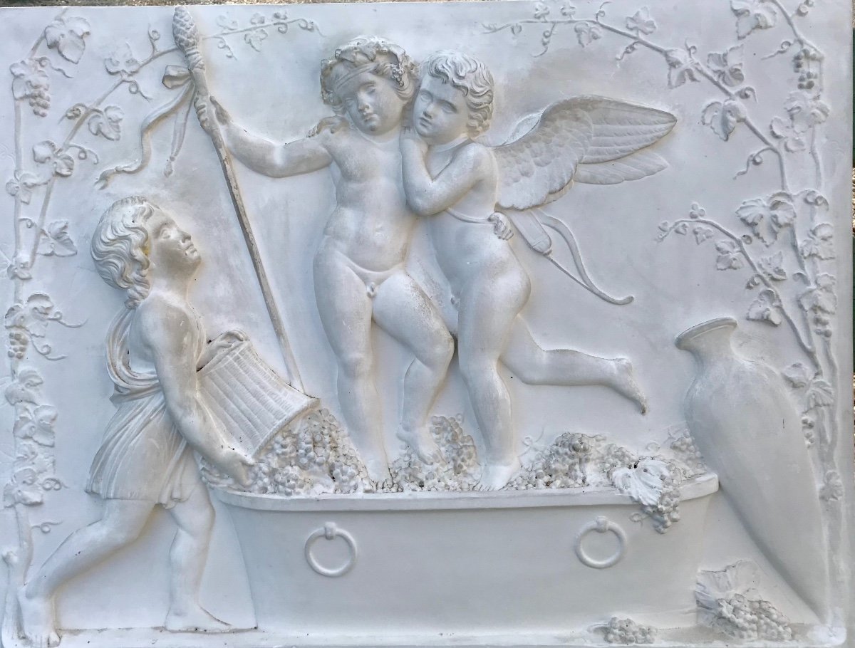 Bas-relief « Amour et  Bacchus foulant Le Raisin » Grand Plâtre Ancien D’après Thorvaldsen-photo-1