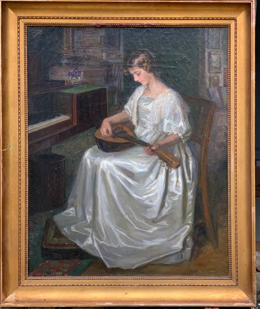 Young Mandolin Player In A Danish Interior. , Brita Barnekow, 1913, O/l 