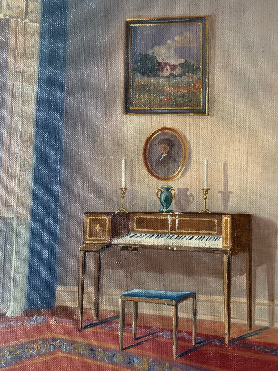 Intérieur au Clavecin, Hst Signé C.Birksø, Ec Danoise-photo-2