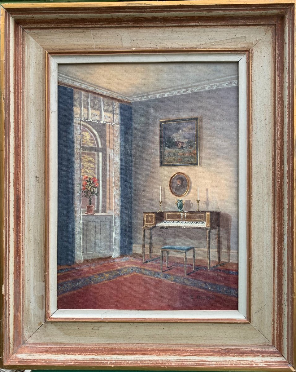 Interior With  An Harpsichord, Oil /l , Signed C.birksø, Danish Sc.b