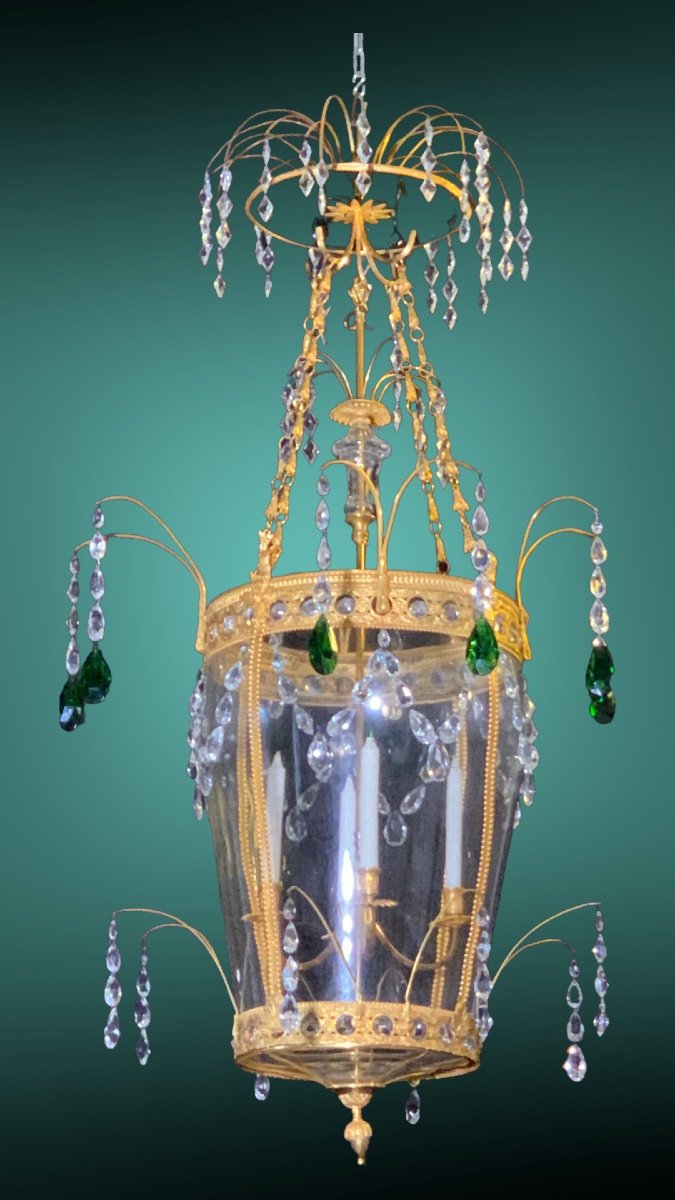 Large Lantern  With Green Crystals And Gilt Bronze In  Spirit Of Pavlovsk Palace 