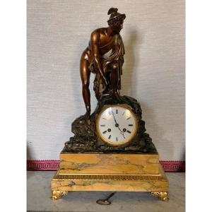 Mantel Clock « mercury Attaching His Heels » Nice Bronze Patina On Sienna Marble Base, Early 19th Cent. 