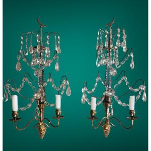 Pair Of Gustavian Sconces, Crystal And  Bronze, Sweden XIXth Century