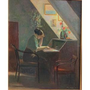 Lectrice éclairée par une Mansarde. Huile Signée Friis Nybo, 1914,ec. Danoise 