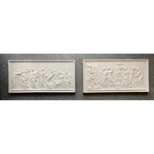 Pair Of  Biscuit Bas-reliefs “the Concert Of Apollo” And “the Ages Of Love” After Thorvaldsen