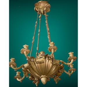 Lustre Romantique en Bronze Doré, Suède 1840