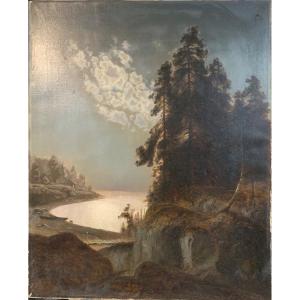 Romantic Moonlight Landscape, Northern Europe, 19th Century 