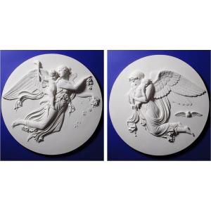 "day And Night" Pair Of Large Plaster Medallions, After The Thorvaldsen Marbles