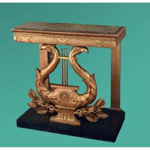 Lyre Console In Gilded Wood With Imitation Porphyry Top, Sweden Circa 1830