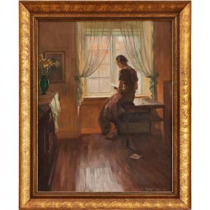 Lectrice à la fenêtre , Intérieur danois , Hst sign Robert Panitzsch , 35 