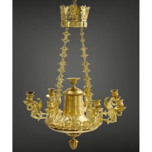 Lustre Empire à motifs de cygnes, bronze doré, 8 lumières, milieu XIX eme S.