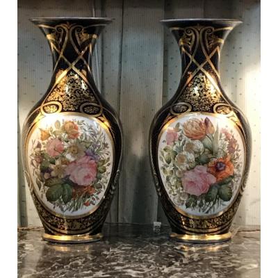 Pair Of Large Vases Porcelain Of Bayeux Decor Flowers