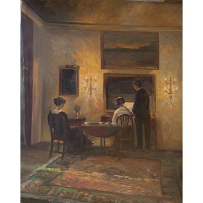 Danish Interior View: Reading Characters ,from The Back , Signed Émilie Christensen, Date 1920