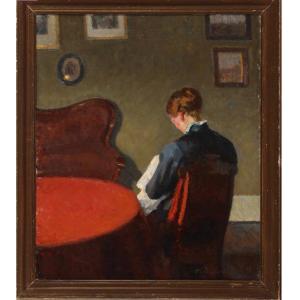 Une Femme dans un Intérieur, Vue de Dos, Hst Signée H.V.Palludan R . , Ec Danoise