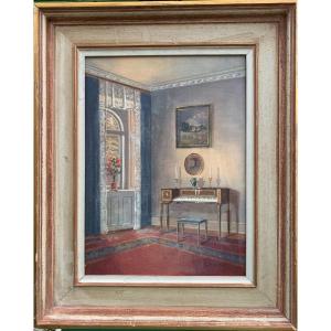 Interior With  An Harpsichord, Oil /l , Signed C.birksø, Danish Sc.b