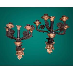 Pair Of Patinated And Gilded Restoration Sconces,  19th Centuryg