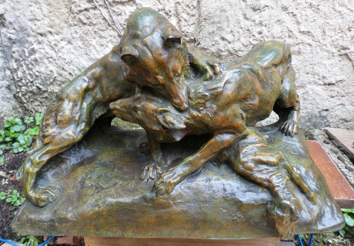 2 Wolves Arguing Over A Lamb By Angiolo Vannetti 1881-1962-photo-2