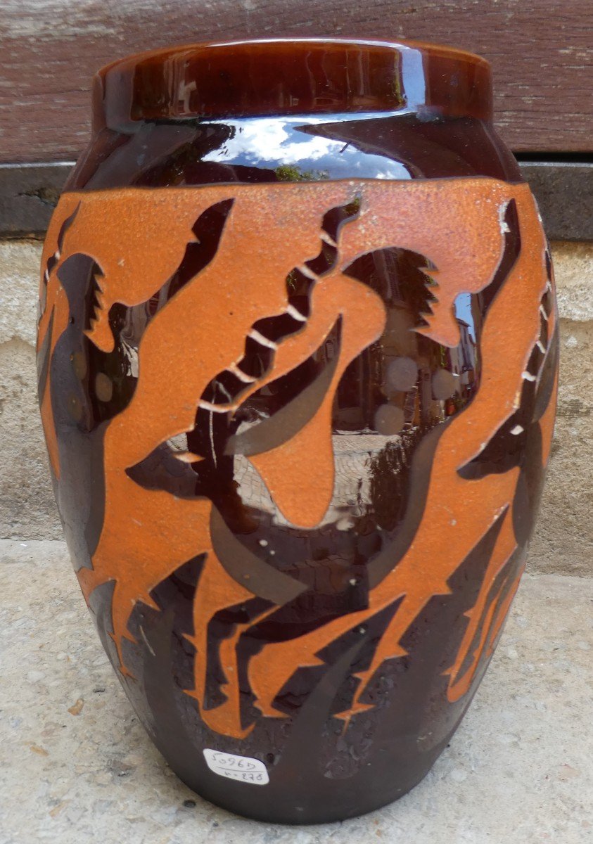 Vase With Gazelles Art-deco Period By Roger Mequinion