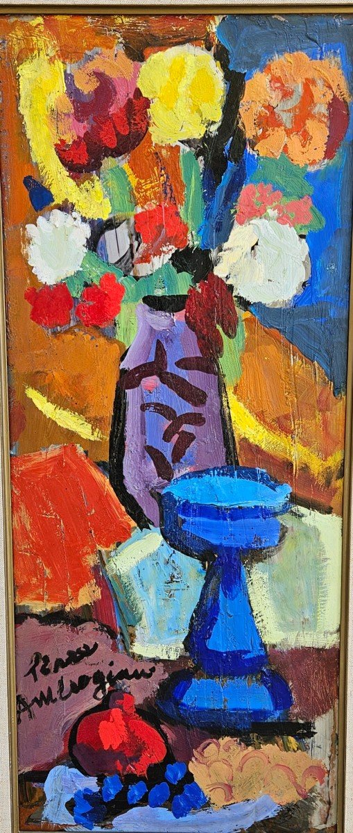 Bouquet Of Flowers In Blue Vase By Pierre Ambrogiani 1907-1985-photo-2