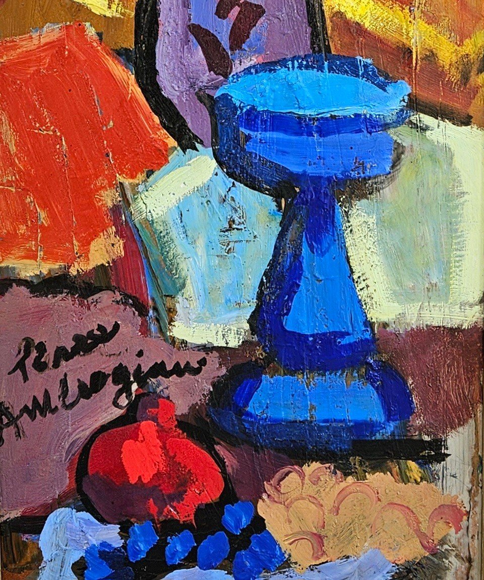 Bouquet Of Flowers In Blue Vase By Pierre Ambrogiani 1907-1985-photo-3